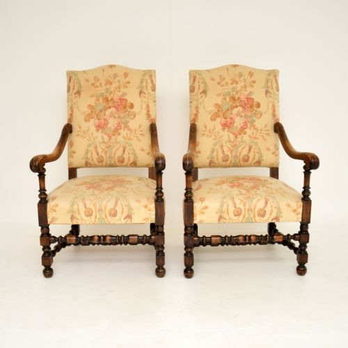 fig 1. Pair of Antique Carolean Style Carved Oak Armchairs