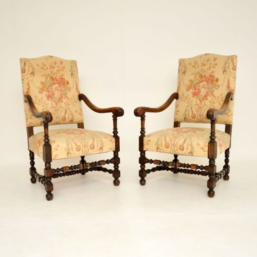 Pair of Antique Carolean Style Carved Oak Armchairs
