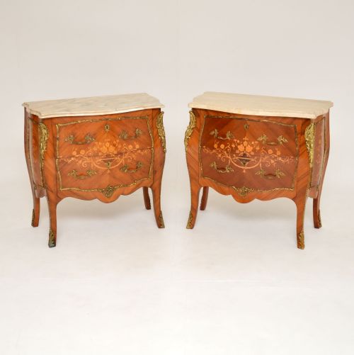 Pair of Antique French Marble Top Inlaid Marquetry Commodes