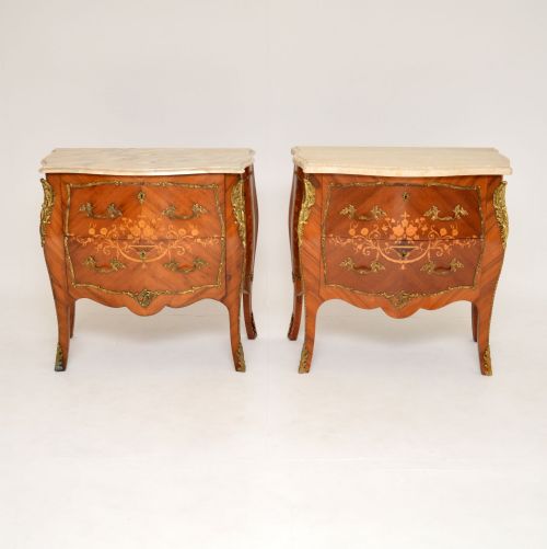 fig 1. Pair of Antique French Marble Top Inlaid Marquetry Commodes