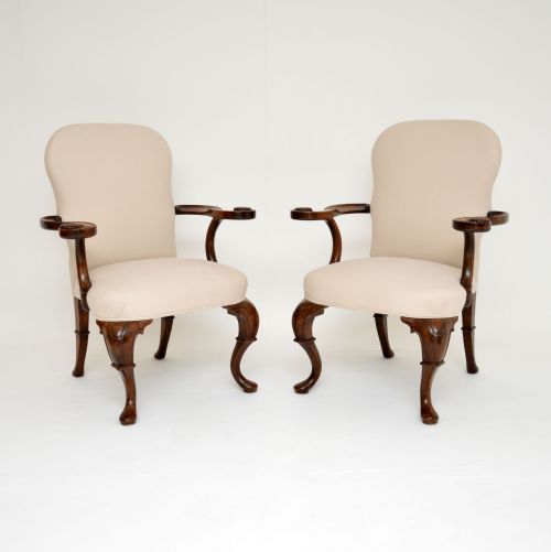 Pair of Antique Carved Walnut Armchairs