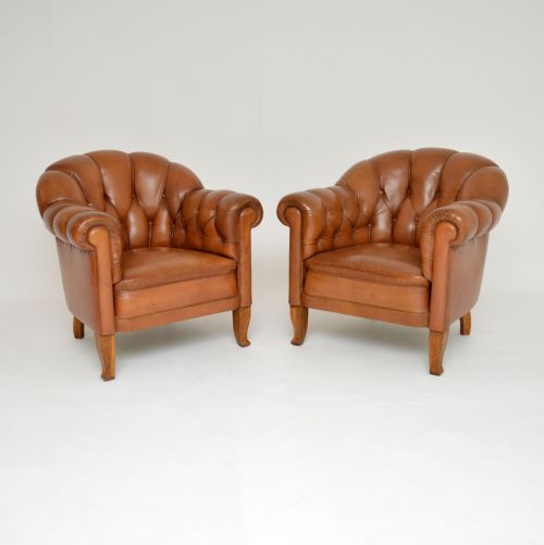 Pair of Antique Swedish Leather Club Armchairs