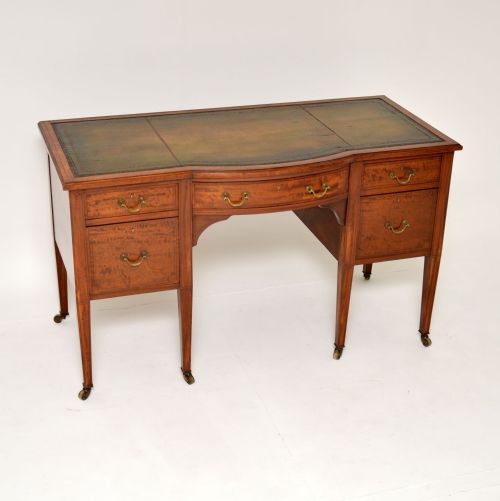Antique Edwardian Inlaid Satin Wood Leather Top Desk