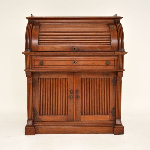 fig 1. Antique Arts & Crafts Walnut Tambour Top Bureau