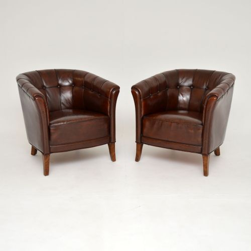 Pair of Antique Swedish Leather Armchairs