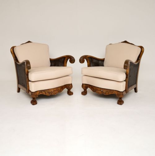 Pair of Antique Swedish Satin Birch Bergere Armchairs