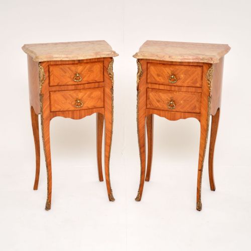 Pair of Antique French Inlaid Marble Top Bedside Chests
