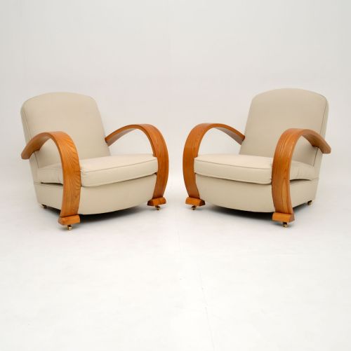 Pair of Art Deco Solid Elm Armchairs
