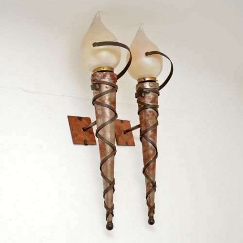 fig 1. Pair of Art Deco Steel , Copper and Glass Wall Sconce Lamps