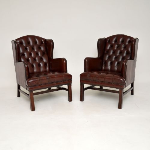 Pair of Antique Swedish Leather Wing Back Armchairs