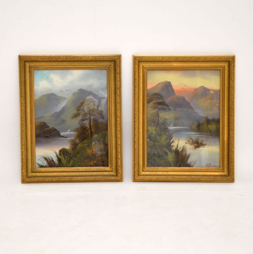 Pair of Antique Victorian Oil Paintings - Scottish Highlands by H. Leslie
