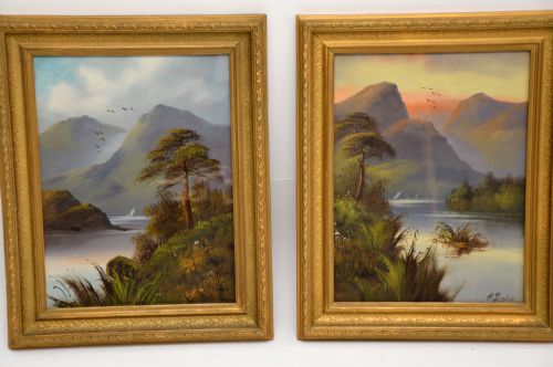 fig 2. Pair of Antique Victorian Oil Paintings - Scottish Highlands by H. Leslie