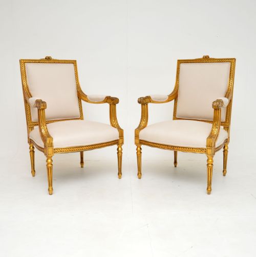 Pair of Antique French Gilt Wood Armchairs
