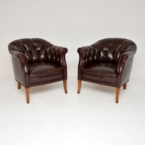 Pair of Antique Swedish Leather Club Armchairs