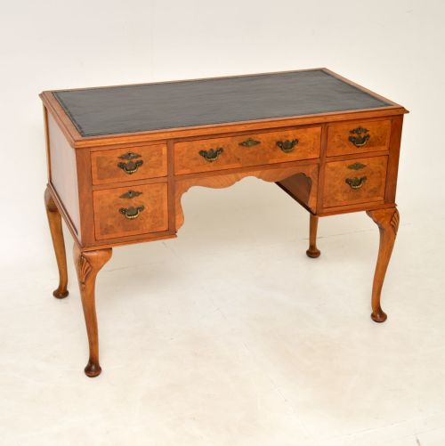 Antique Queen Anne Style Burr Walnut Leather Top Desk