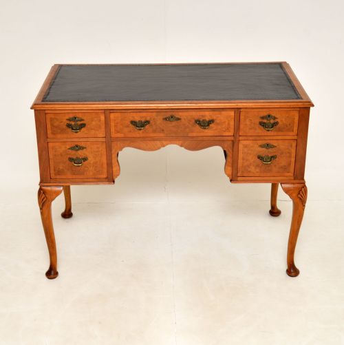 fig 1. Antique Queen Anne Style Burr Walnut Leather Top Desk