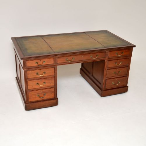 Large Antique Victorian Mahogany Leather Top Pedestal Desk
