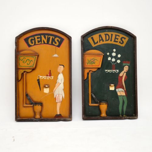 Pair of Art Deco Carved Wooden His & Hers Bathroom Signs