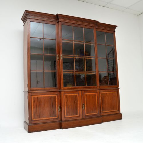 Antique Edwardian Inlaid Mahogany Breakfront Bookcase