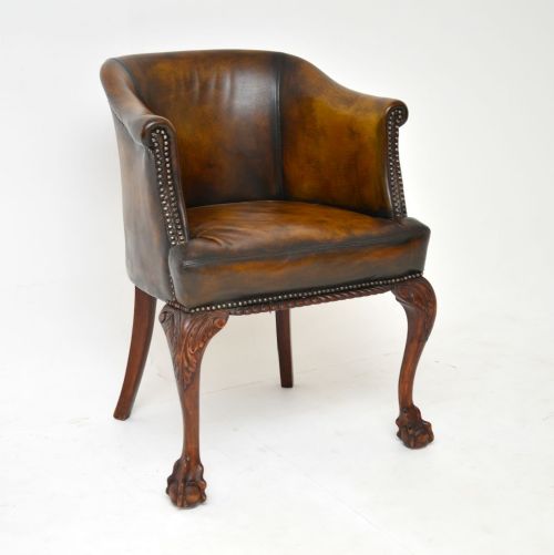Antique Leather & Mahogany Armchair / Desk Chair