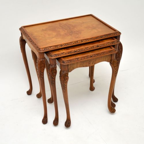 Antique Queen Anne Style Burr Walnut Nest of Three Tables