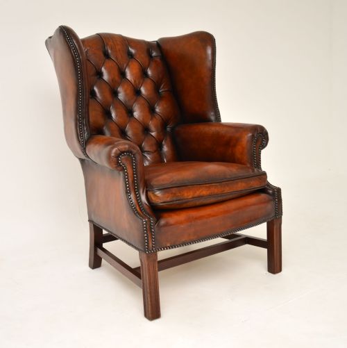 Antique Deep Buttoned Leather Wing Back Armchair