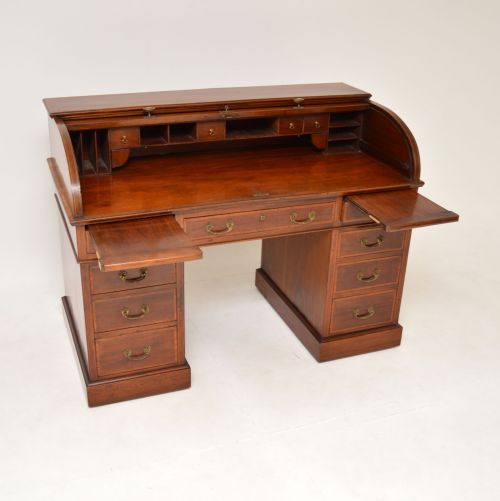 fig 1. Antique Roll Top Mahogany Pedestal Desk by Waring & Gillows