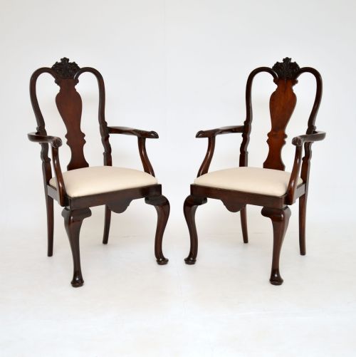 Pair of Antique Queen Anne Style Mahogany Carver Armchairs