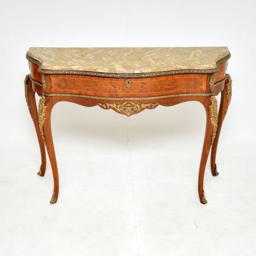 Antique French Marble Top Inlaid Walnut Console Table