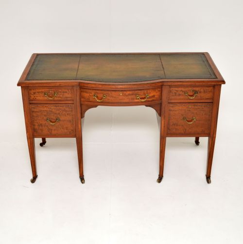 Antique Edwardian Inlaid Satin Wood Leather Top Desk