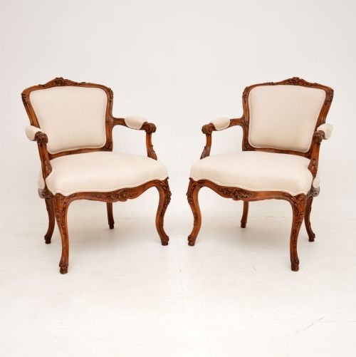 Pair of Antique French Carved Walnut Salon Chairs
