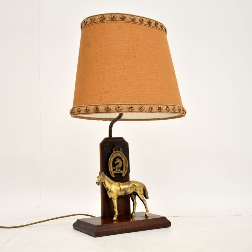 Antique Brass & Oak Equestrian Lamp