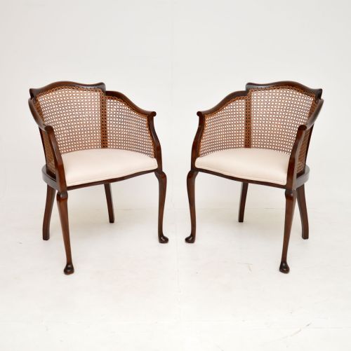 Pair of Antique Edwardian Mahogany Cane Back Armchairs