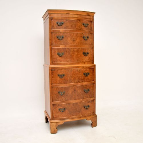 Antique Burr Walnut Bow Fronted Chest on Chest
