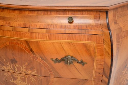 fig 1. Antique Dutch Inlaid Marquetry Bombe Commode in Olive Wood