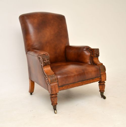 Antique Leather & Carved Oak Childs Armchair