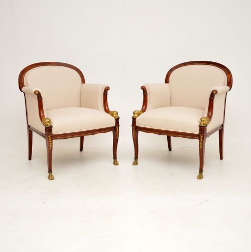 Pair of Antique Swedish Mahogany & Brass Armchairs
