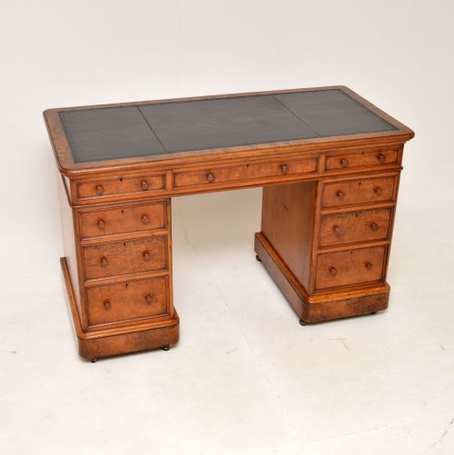 Antique Victorian Burr Walnut Pedestal Desk