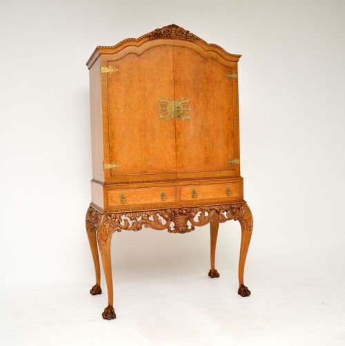Antique Burr Walnut Queen Anne Style Cocktail Drinks Cabinet
