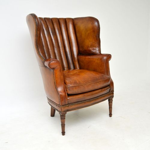 Antique George III Barrel Back Leather Wing Armchair