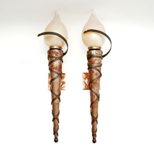 Pair of Art Deco Steel , Copper and Glass Wall Sconce Lamps