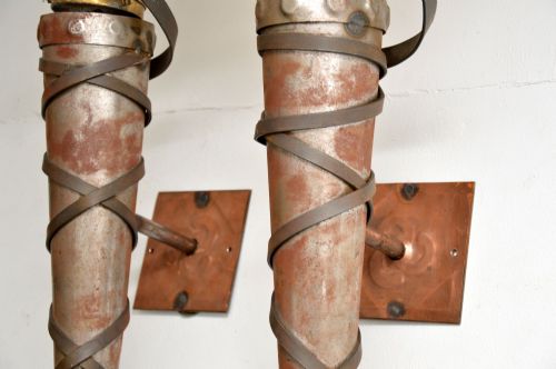 fig 1. Pair of Art Deco Steel , Copper and Glass Wall Sconce Lamps