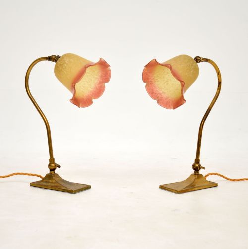Pair of Antique Brass & Glass Table Lamps
