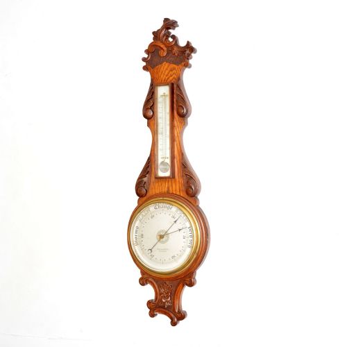 fig 1. Antique Victorian Carved Oak Banjo Barometer by Maple & Co