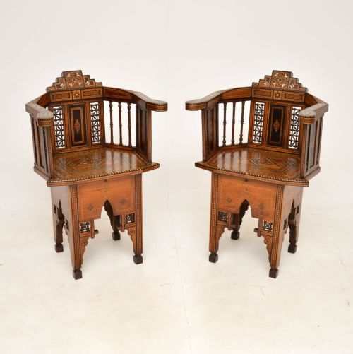 Pair of Antique Inlaid Syrian Damascus Armchairs