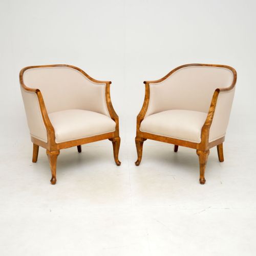 Pair of Antique Swedish Satin Birch Armchairs
