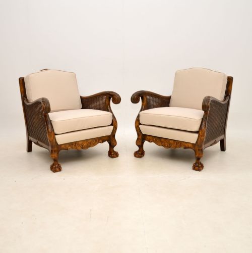 Pair of Antique Swedish Satin Birch Bergere Armchairs
