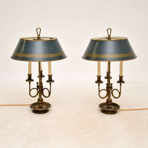 Pair of Antique Brass Table Lamps with Tole Shades