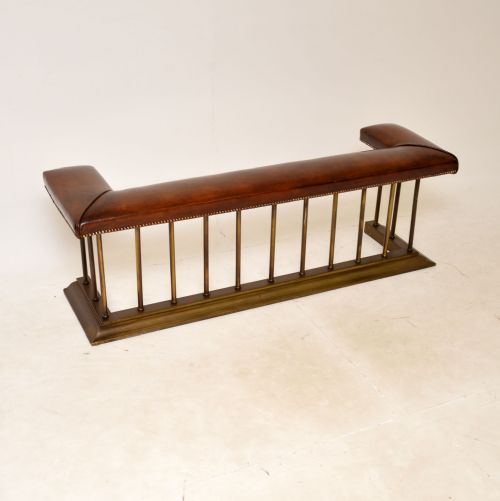Antique Victorian Brass & Leather Fireplace Club Fender
