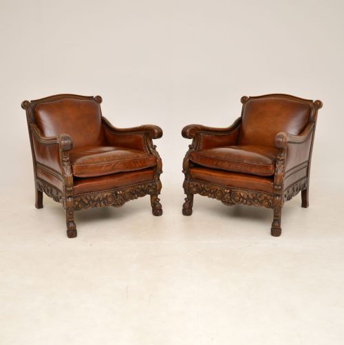 Pair of Antique Swedish Leather & Oak Bergere Armchairs
